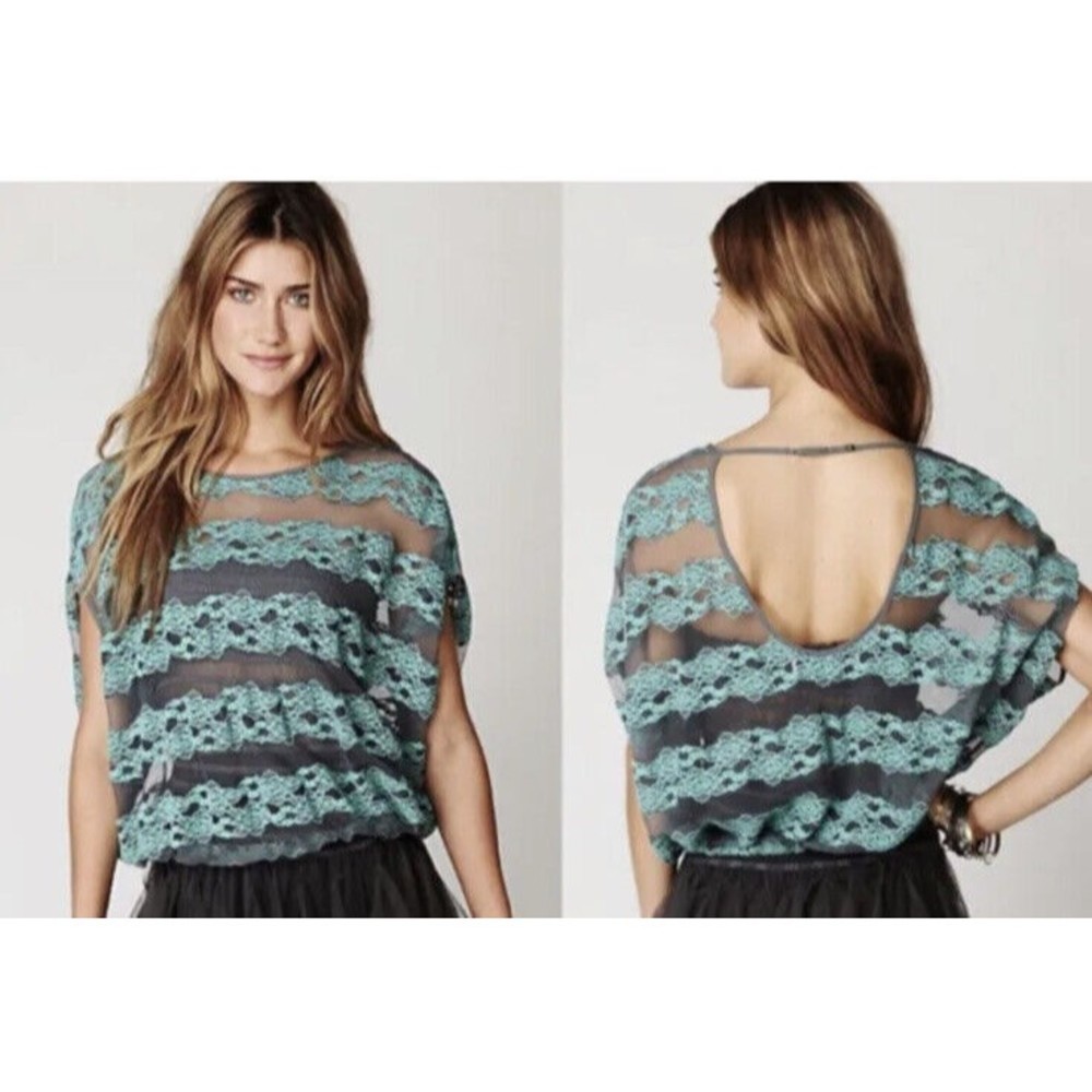 Free People County Fair Banded Hem Lace Top Size S Teal